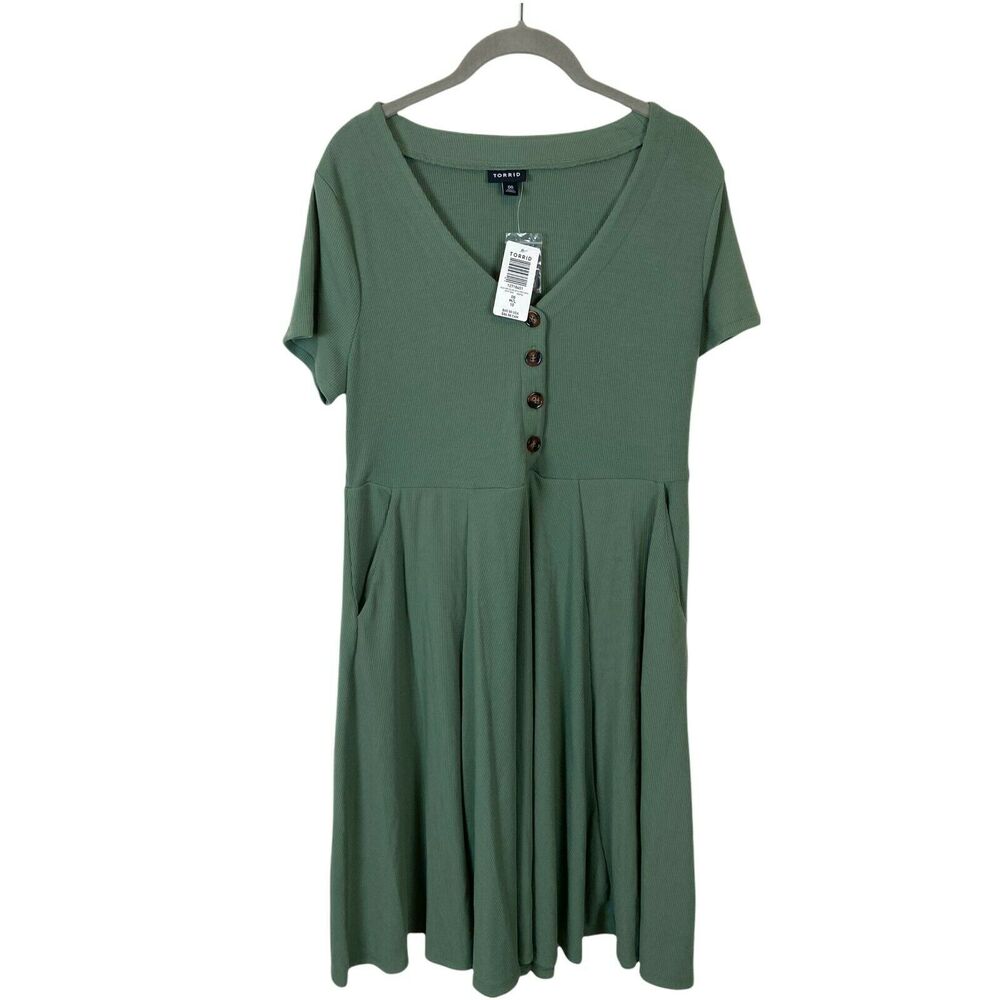Torrid Fit Flare Dress Women's Olive Green Ribbed Knit Short Sleeves Size M/L